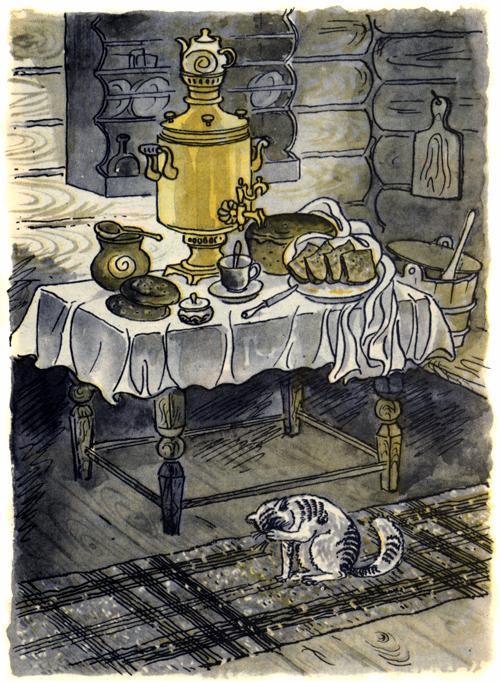 кошка у стола в избе