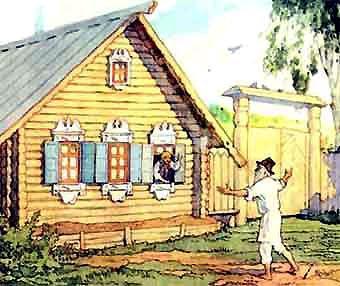 Сказка о рыбаке и рыбке Перед ним изба со светёлкой, С кирпичною, белёною трубою, С дубовыми, тесовыми вороты. Старуха сидит под окошком,