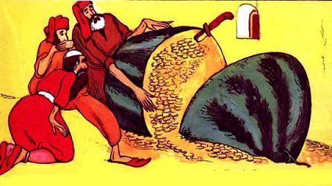 Аист (персидская сказка) Хасан с друзьями разрезал арбуз - полный золота