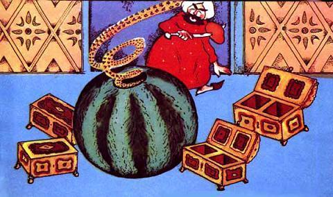 Аист (персидская сказка) Аджар-бай Вырезал в арбузе отверстие, и вдруг... оттуда с жужжанием вылетел целый рой большущих шмелей.