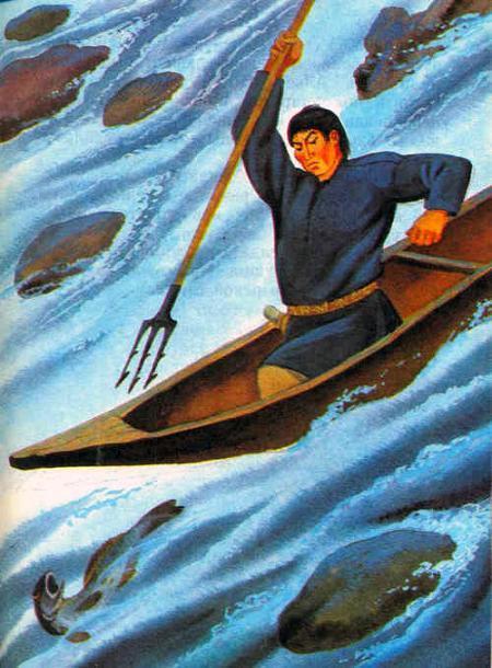 на лодке ловит рыбу гарпуном