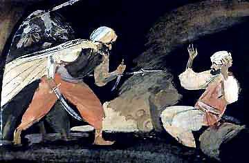 разбойники увидели Касима, который старался спрятаться за мешком с деньгами. Атаман бросился вперед, взмахнул мечом и отрубил Касиму голову.