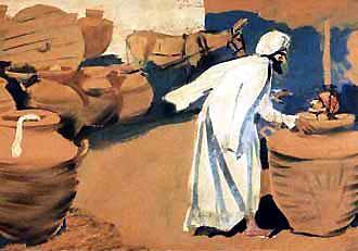 атаман приказал разбойникам влезть в кувшины. Он сам прикрыл кувшины пальмовыми листьями и обвязал травой, а сверху проткнул дырочки для воздуха, чтобы люди не задохнулись