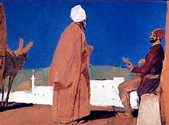 Атаман направился прямо к дому Касима и увидел, что у ворот сидит человек, веселый и приветливый. Это был Али-Баба. Атаман подошел к нему