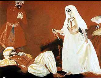 Марджана посреди танца стала все ближе и ближе подходить к атаману. И вдруг она, как кошка, прыгнула на него и, взмахнув кинжалом, вонзила его в сердце разбойника