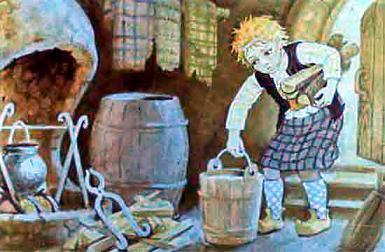 Ассипатл носит дрова и торф в ведре