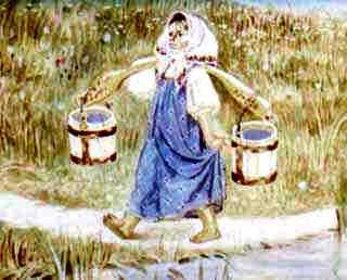 внучка с коромыслом и ведрами за водой