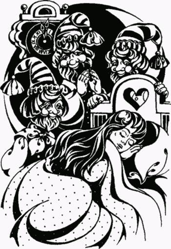 Белоснежка лежит спит и гномы окружили постель