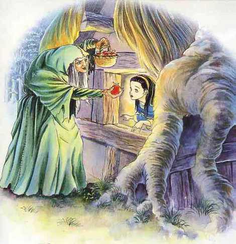 злая королева дает Белоснежке яблоко заколдованное