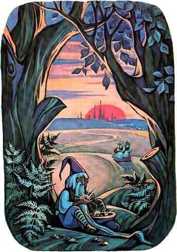 Беляночка и Розочка уходят от злого гнома с мешком драгоценных камней