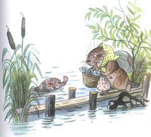 Стих: Бобёр (иллюстрации: Сутеев В.) бобриха несет рыбу по мостику