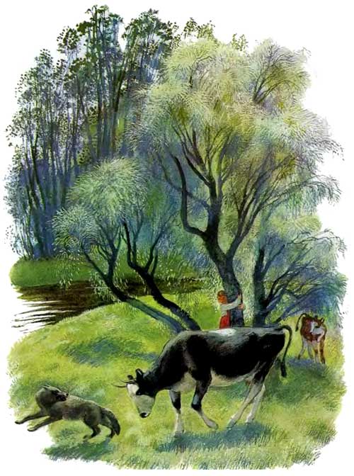 Бодливая корова бодает волка спасает девочку и теленка