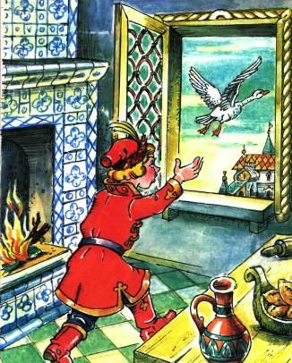 обернулась Василиса белой лебедью и вылетела в окно