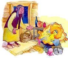 створки раковины совсем раскрылись, старушка еле удержалась на ногах от удивления. В раковине лежала девочка с золотыми волосами и такими блестящими глазками