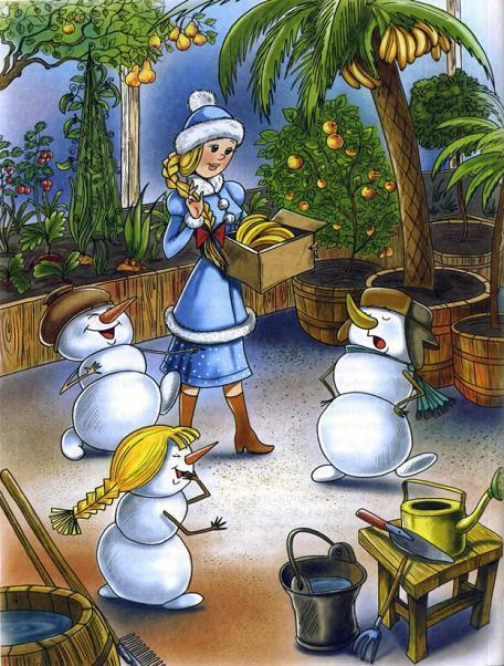Чудеса в Дедморозовке (повесть) Снегурочка и снеговики собирают бананы
