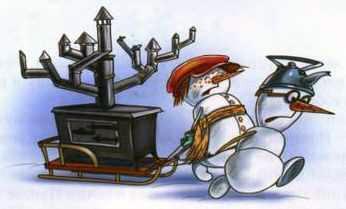 Чудеса в Дедморозовке (повесть) снеговики везут буржуйку на санках