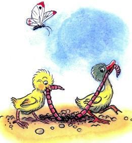 цыпленок и утенок поймали червяка