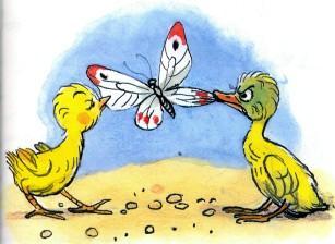 цыпленок и утенок поймали бабочку