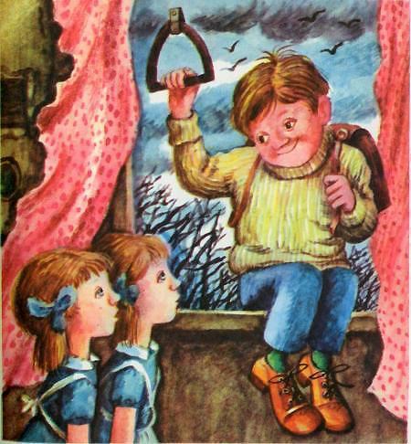  окно распахнулось настежь и в комнату влетел мальчик в огромных туфлях