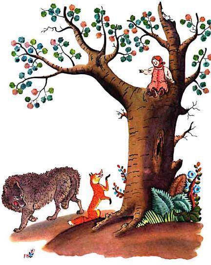 девочка Снегурочка на дереве  волк и лиса
