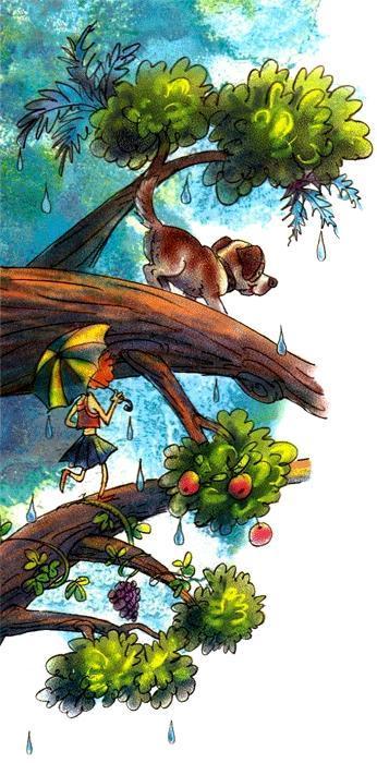 пес гуляет по ветвям дерева