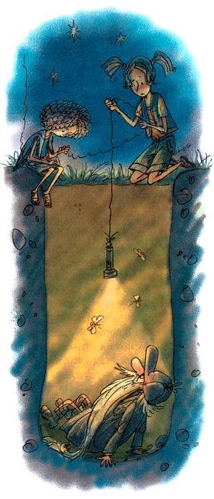 дети спускают фонарик в яму