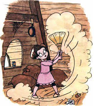 подметает веником