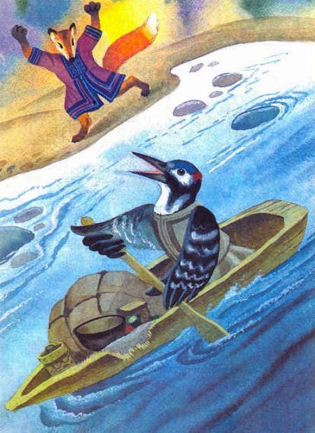 Дятел (эвенкийская сказка) дятел плывет по реке на лодке лиса на берегу