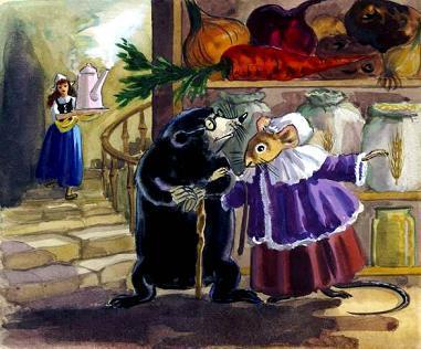 Дюймовочка несет чайник кроту и полевой мыши