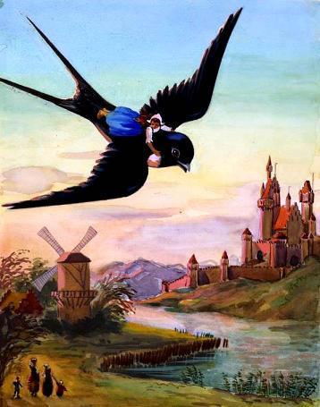 ласточка уносит Дюймовочку прочь