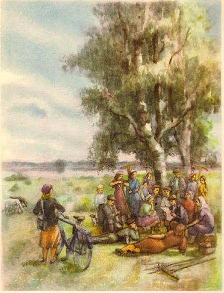 Бригада расположилась обедать в тени кучки берёз среди поля.