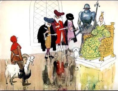 Ганс-Чурбан (сказка) Ганс-Чурбан и коза в тронном зале перед принцессой