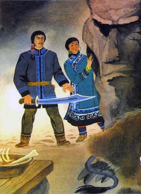 воин с мечем и девушка в пещере