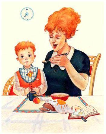 мама кормит маленького мальчика с ложечки