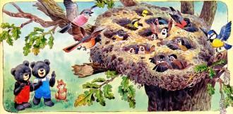 гнездо на дереве птенцы и птицы медвежата и бельченок под деревом