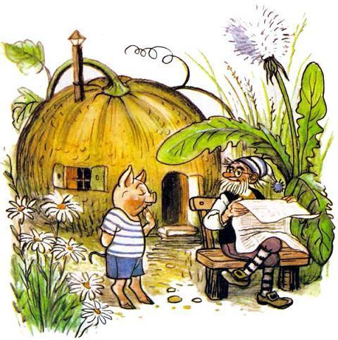 гном с газетой у домика тыквы с поросенком