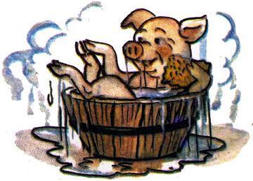 поросенок моется в корыте в ванной