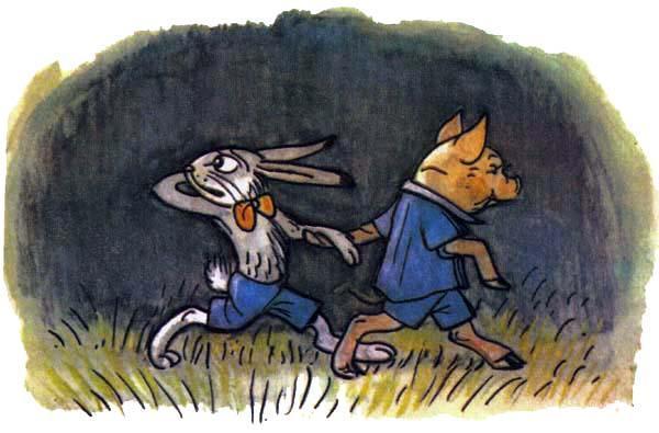 поросенок и заяц кролик в темноте в ночи