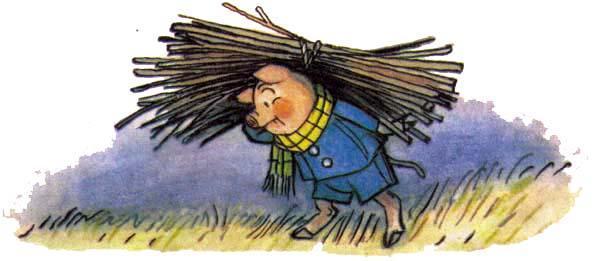 поросёнок тащит хворост дрова