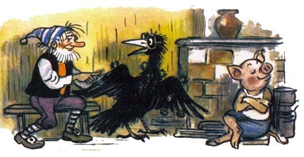 Гном Гномыч поросёнок помогают вороне