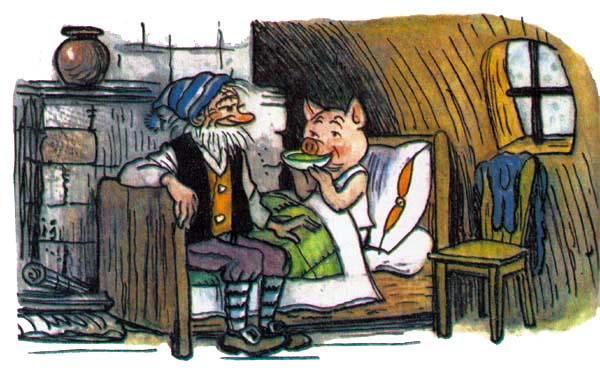 Гном Гномыч на кровати поросенок заболел пьет чай