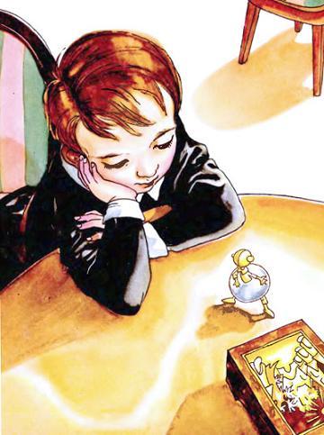 Миша смотрит: внизу табакерки отворяется дверца, и из дверцы выбегает мальчик с золотою головкою и в стальной юбочке