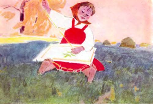 девочка вышивает на природе