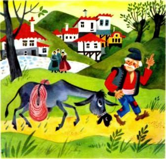 дед Матвей ведет ослика под узцы