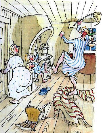 В одной рубашке, держа в руках мухоловку, развевающуюся над его головой, он бегал по кухне, пугая несчастных мух