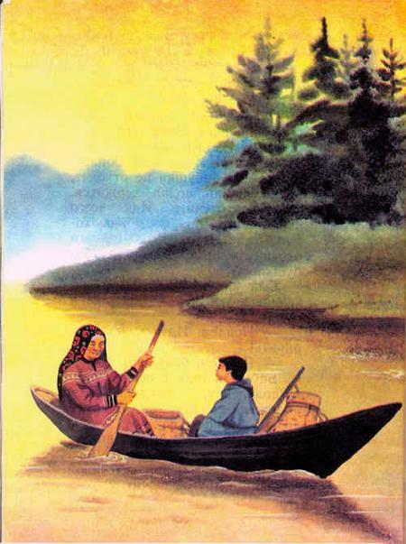 бабушка с внуком плывут на лодке по реке