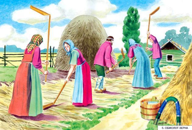 крестьяне обмолачивают зерно