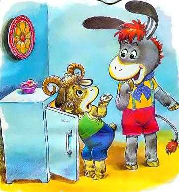 Ослик зашёл. А Барашек заглянул в кладовку… под кровать… в холодильник