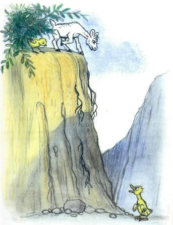 Сказка: Как утенок свою тень потерял (иллюстрации: Сутеев В.) утенок козленок и цыпленок у обрыва на горке животные звери