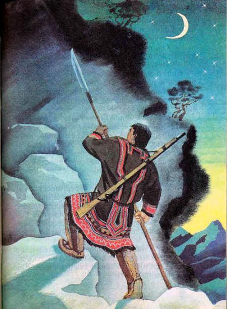 охотник ночью с копьем поднимается в гору луна 